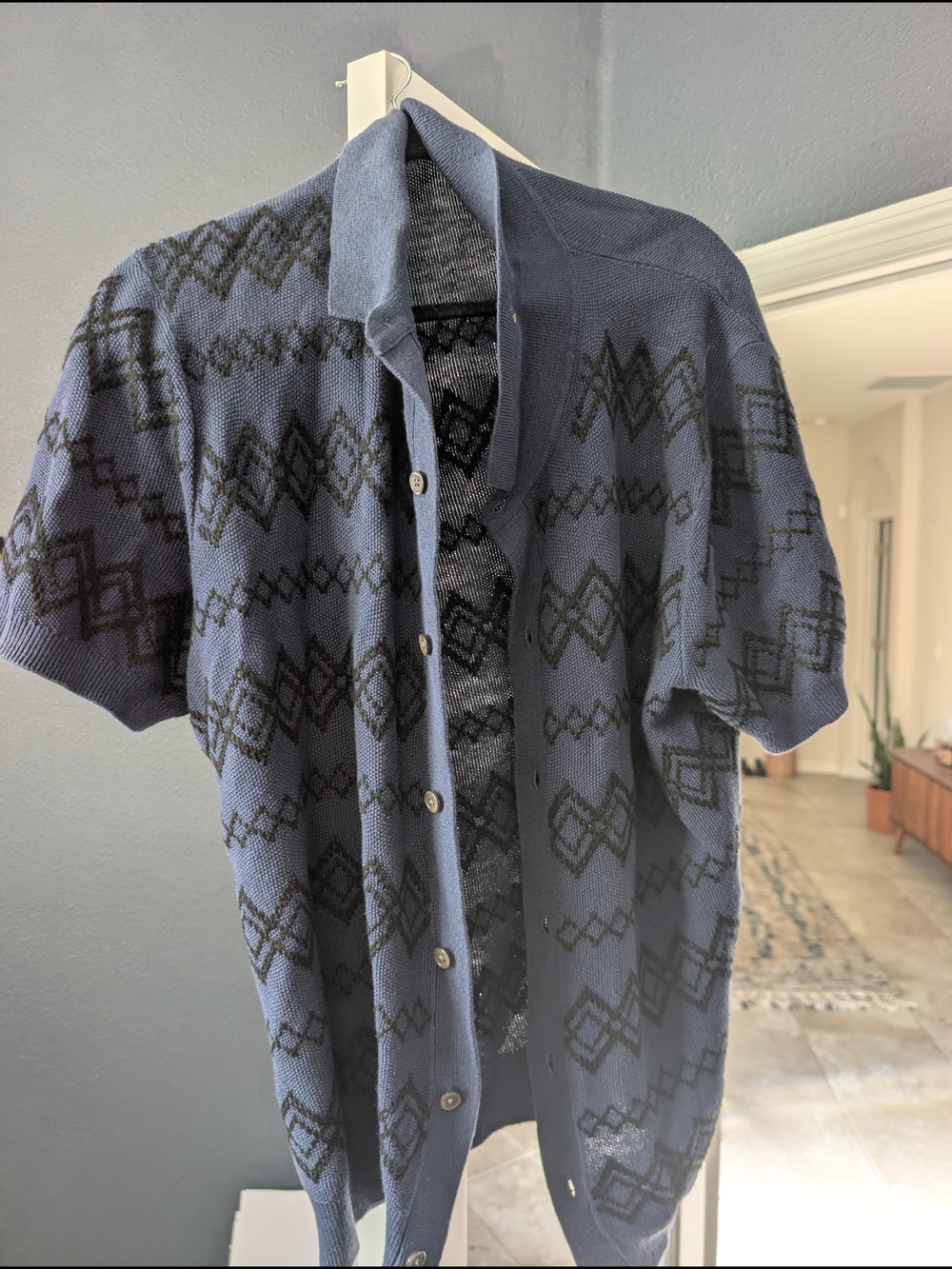 Todd Snyder Full Placket Sweater Polo Blue Italian Yarn Geometric L